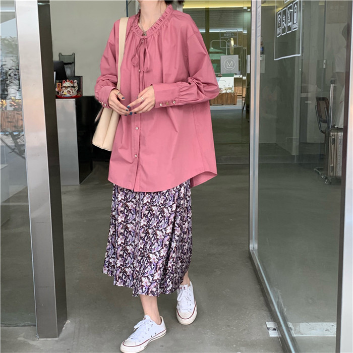 Real price retro lace collar lace up long sleeve shirt + retro floral A-line mid length skirt