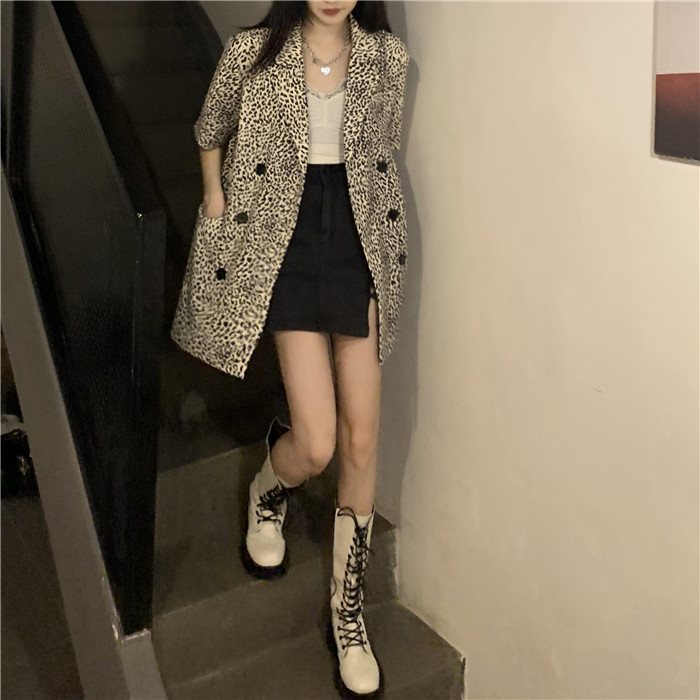 Real price Korean loose medium length Lapel leopard print slim double breasted pocket short sleeve suit coat