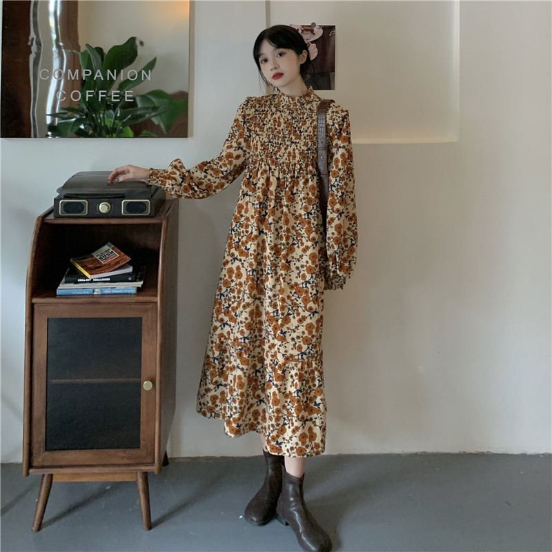 Control 3 real price real price loose and slim waistband waistband bubble sleeve long sleeve half high collar Long Floral Dress