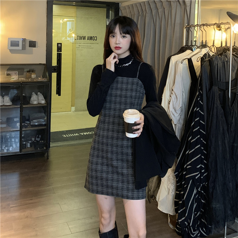 Real shot real price retro Plaid slim fit show slim waist belt dress + solid color high collar bottoming shirt