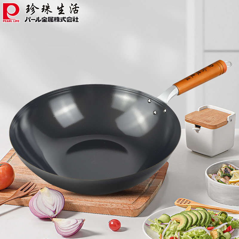 日本原装进口光面熟铁家用无涂层33cm家用平底炒菜铁锅