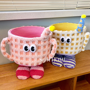 家用储物收纳杂物框框多巴胺玩具零食小怪兽布艺桌面篮子电视柜筐