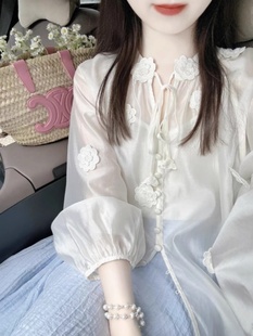 白色衬衫 SOLENELARA大码 国风泡泡袖 设计感花朵系 胖mm新中式 女夏季