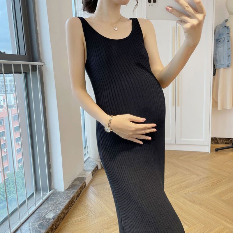 孕妇长款针织吊带背心裙打底内搭修身大码无袖连衣裙2023春秋新款