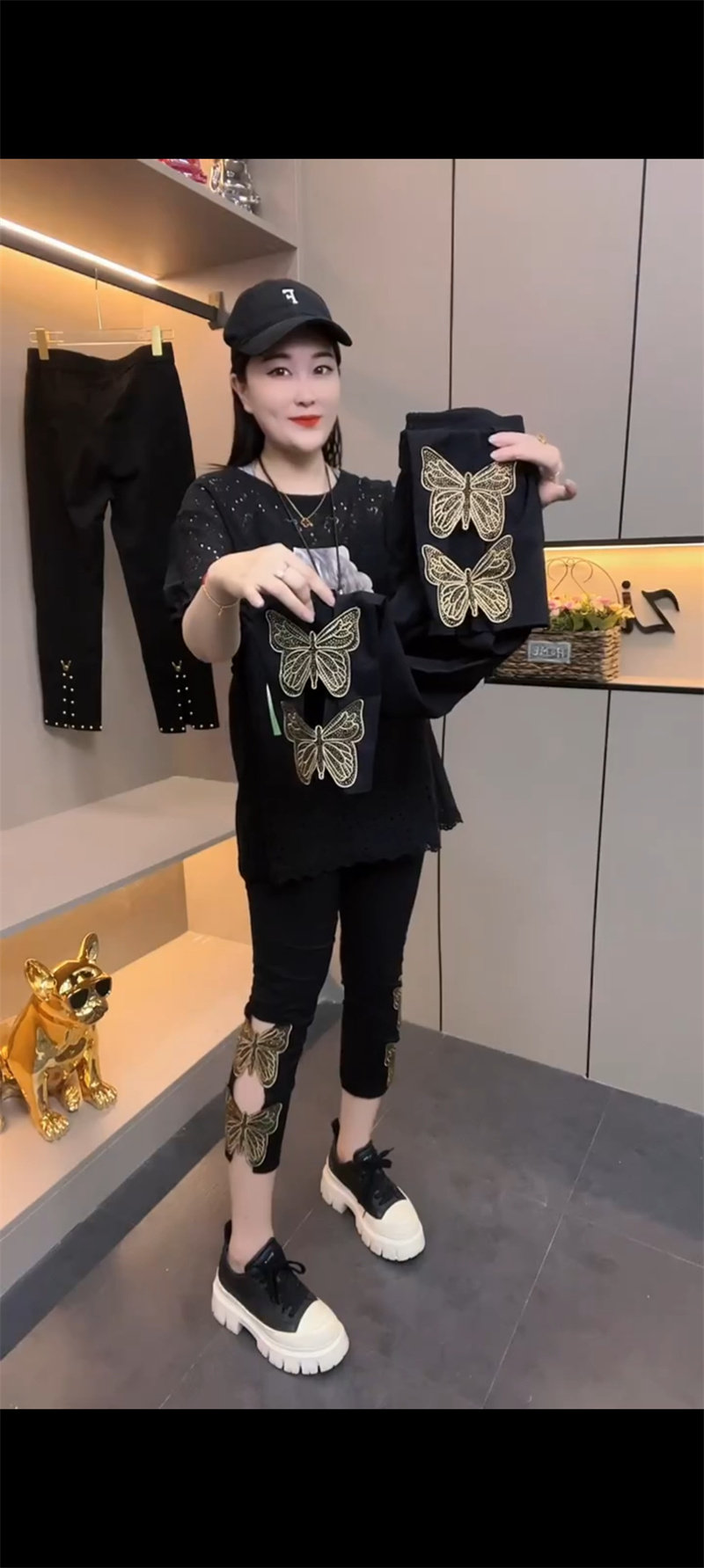 刺绣蝴蝶速干面膜裤女裤夏薄款透气高腰漏洞休闲小黑裤八分直筒裤