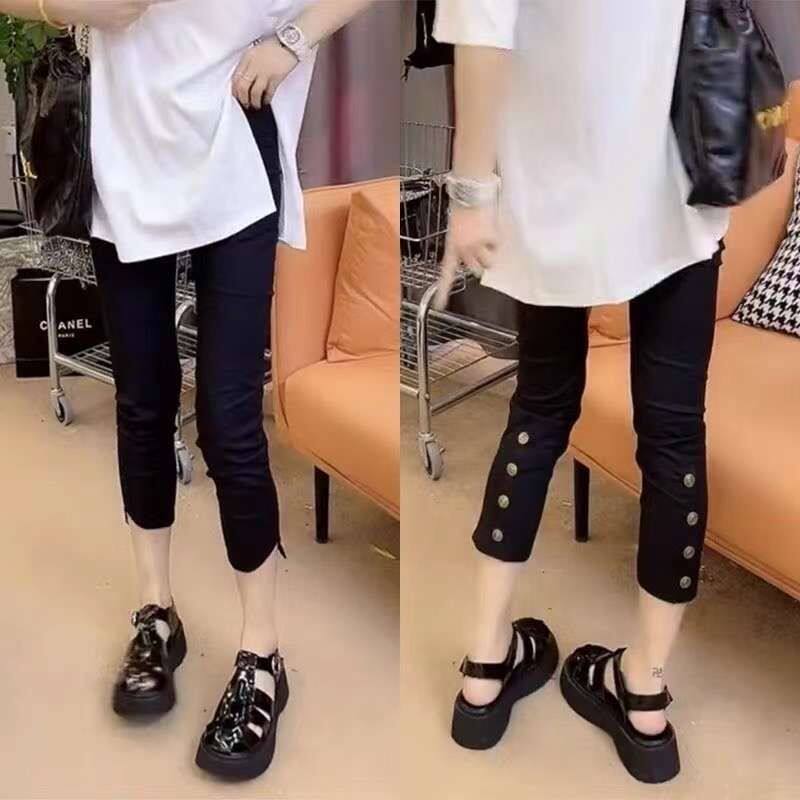 欧货金色扣子束干纸皮裤女夏新薄款透气时尚直筒裤休闲八分烟筒裤