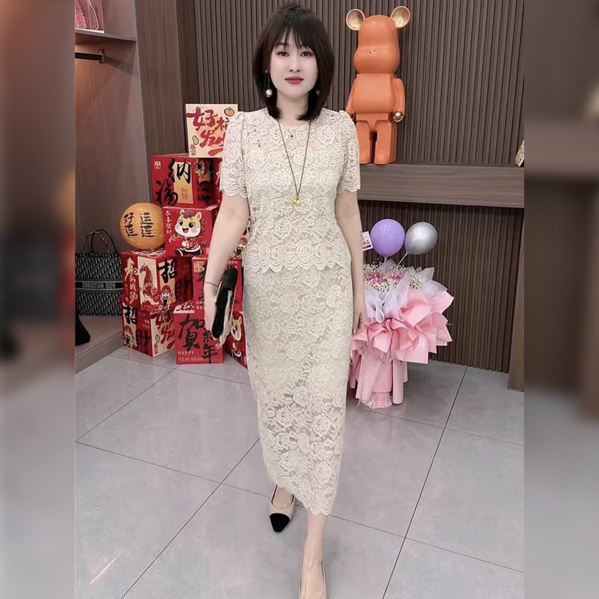 短袖上衣半身裙轻奢蕾丝套装裙图片