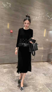 欧货垂感珍珠拼接丝绒秋修身高端气质七分袖连衣裙圆领显瘦