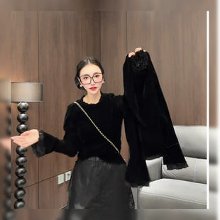 欧货高端喇叭袖丝绒衬衫皮尤阔腿裤套装女春气质设计感洋气两件套