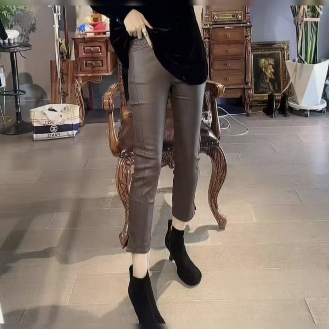 欧货高端涂层铅笔裤打底皮尤小脚