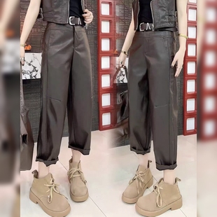 欧货高端蛋白软皮阔腿裤女秋高腰弹力显瘦气质烟筒裤皮尤PU皮裤