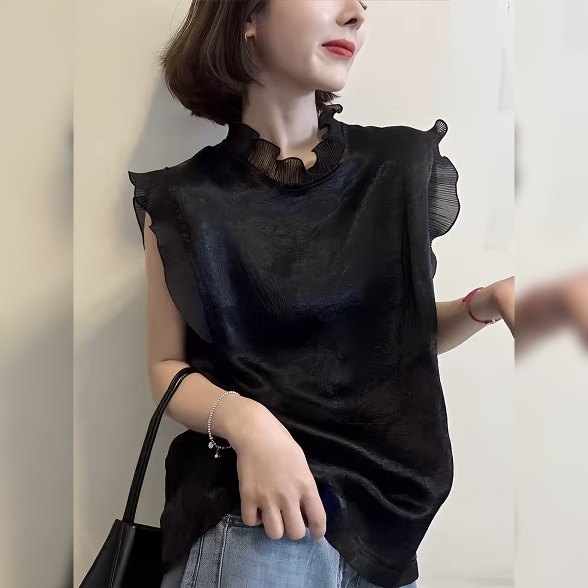 法式通勤风无袖黑色木耳边立领醋酸衬衫女夏薄设计感洋气上衣小衫