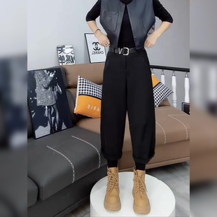 八分休闲西裤窄版阔腿裤女宽松2026春秋遮肉显瘦小黑裤哈伦弯刀裤