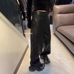 欧货皮尤阔腿裤拖地裤2024冬时尚小众加绒百搭显瘦蛋白皮直筒裤女