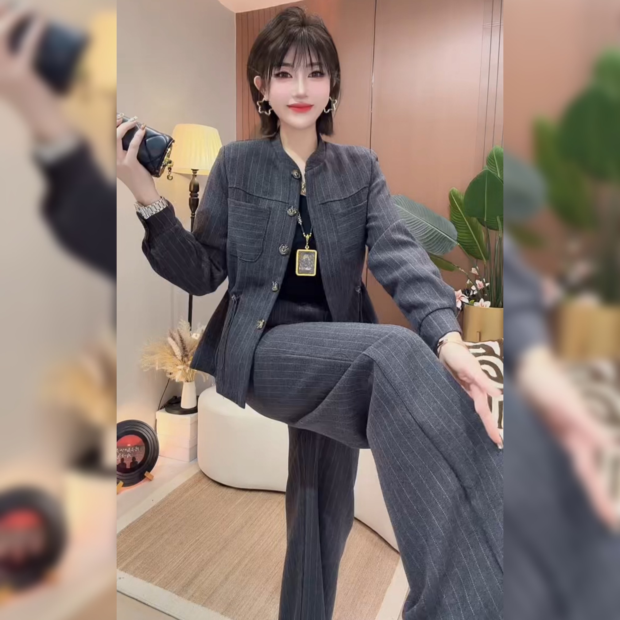 商务简约时尚条纹西装外套直筒裤两件套女秋冬洋气职业通勤套装