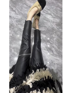 时尚拉锁皮尤铅笔裤女秋冬新品高腰弹力九分直筒裤加绒磨毛小脚裤