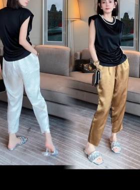 网红同款醋酸缎面哈伦裤女夏薄款透气高腰皱皱休闲裤八分萝卜裤