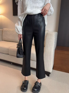 高端气质职业通勤皮尤微喇裤女春秋新高腰显瘦弹力喇叭裤休闲PU裤