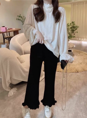 欧货高级感木耳边拼接金丝绒裤