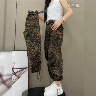 九分裤 休闲弯刀裤 女秋高腰弹力显瘦气质时尚 欧货高端豹纹阔腿裤