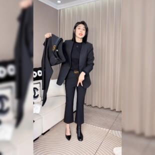 欧货时尚高腰八分微喇叭裤女春夏新弹力修身显瘦职业通勤阔腿裤