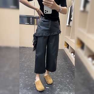 高端皮尤PU柔软荷叶边阔腿九分裙裤女秋冬洋气假两件休闲皮裤显瘦
