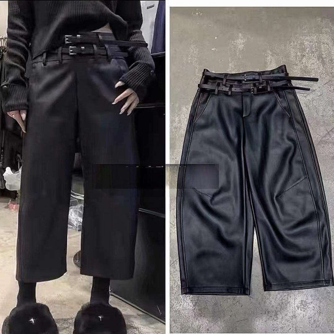 百搭时尚高腰弹力蛋白皮八分裤