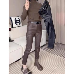 欧货新涂层皮裤女自带腰带弹力显瘦直筒裤时尚皮尤打底修身九分裤
