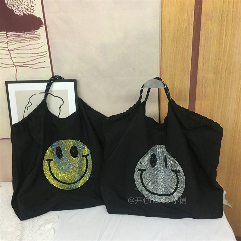 开心home 大容量慵懒风日系笑脸烫钻原宿韩版百搭帆布包手提女包