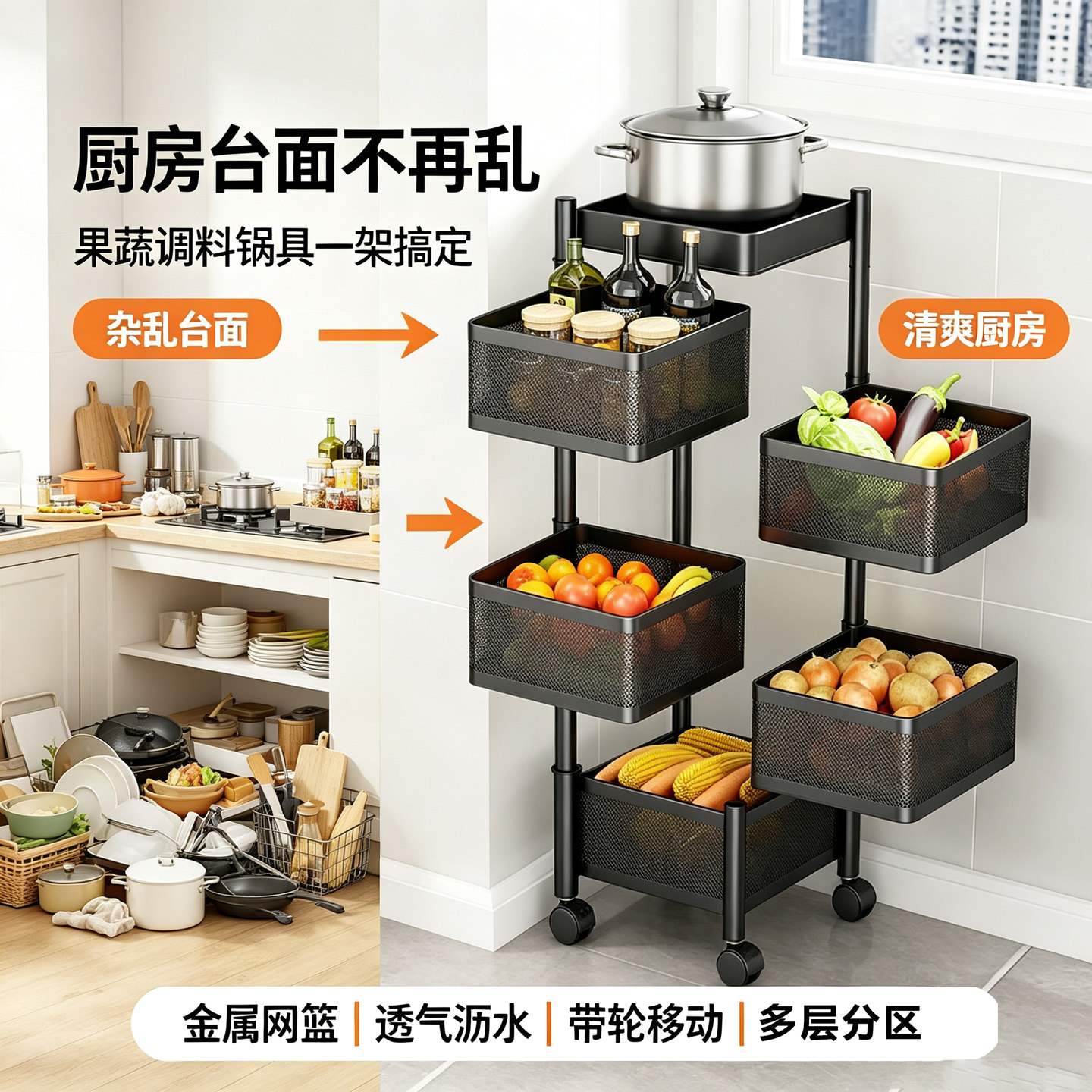 金属多层旋转置物架厨房夹缝落地推车带轮水果蔬菜收纳储物篮