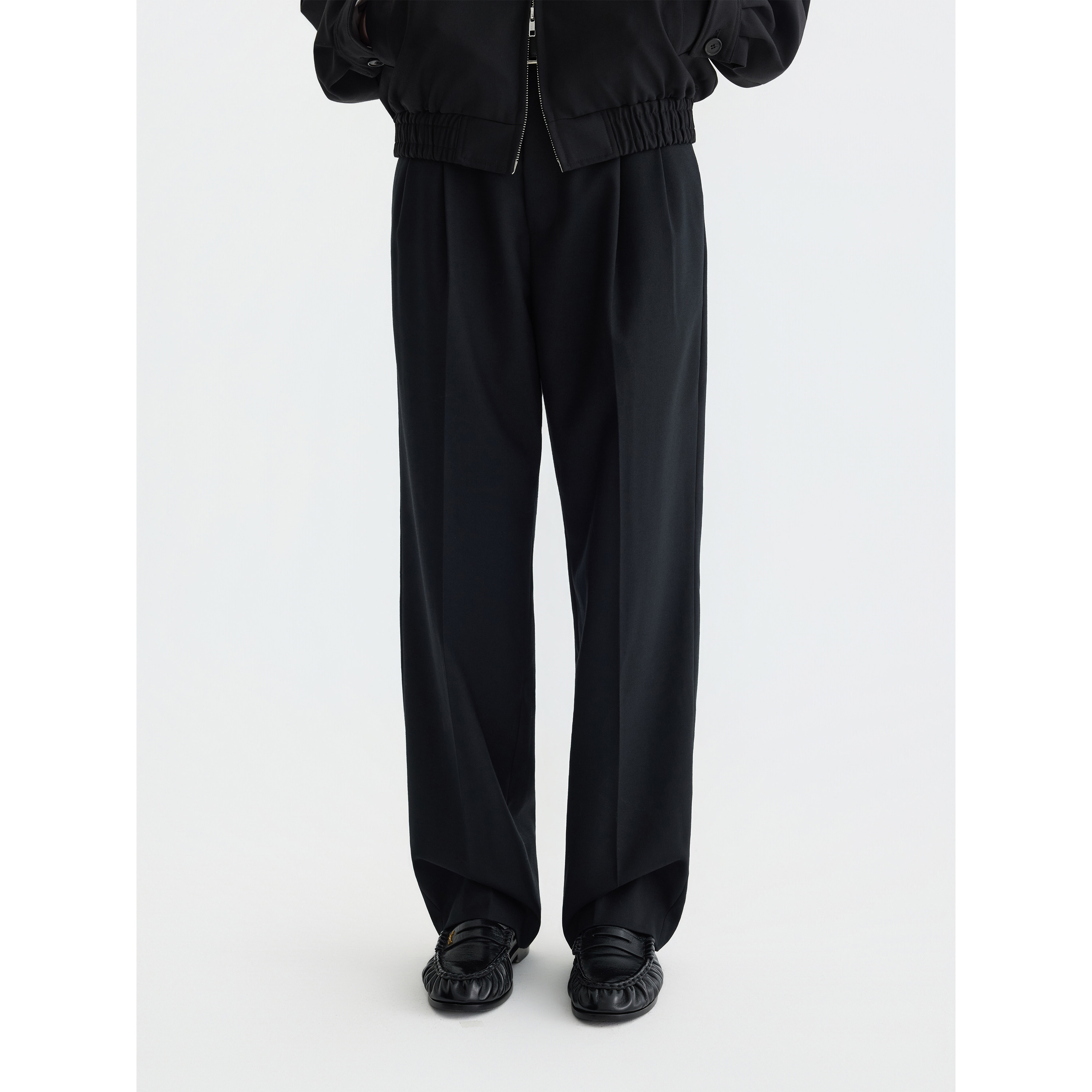 PURE2澳洲羊毛立体双褶直筒西裤