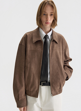 PURE2 BOXY SUEDE JACKET 复古麂皮绒短宽翻领拉链夹克外套