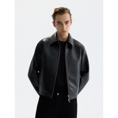 PURE2复古短宽肌理棉服皮衣夹克