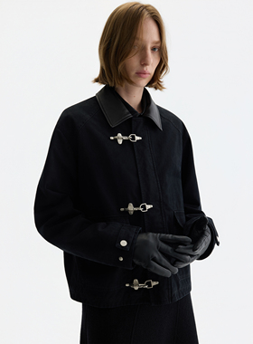 PURE2 CLASP WORK JACKET 短宽做旧真皮领龙虾扣工装夹克