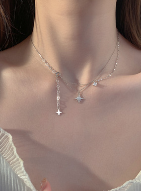 s925纯银闪钻六芒星锁骨链女轻奢