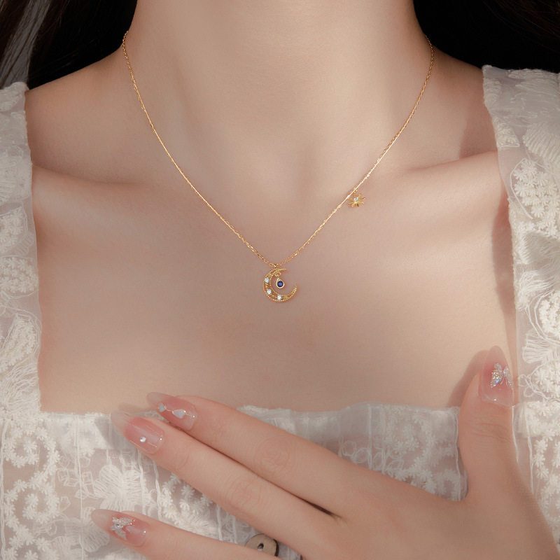 S925银蓝石星月吊坠项链女复古轻奢叠戴锁骨颈链纯银简约小众设计