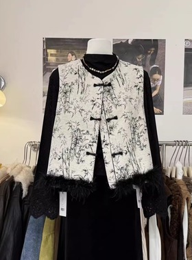 新中式国风水墨竹提花拼接羽毛圆领马甲秋冬新款无袖坎肩盘扣背心