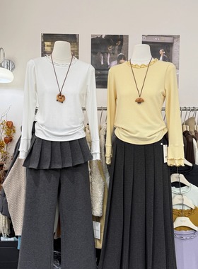 Ju推荐~设计感高圆领木耳边花边长袖T恤女25年秋冬新款百搭打底衫