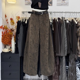 设计感宽松微弧弯刀阔腿裤 女秋冬新款 复古提花水洗高腰牛仔裤 美式