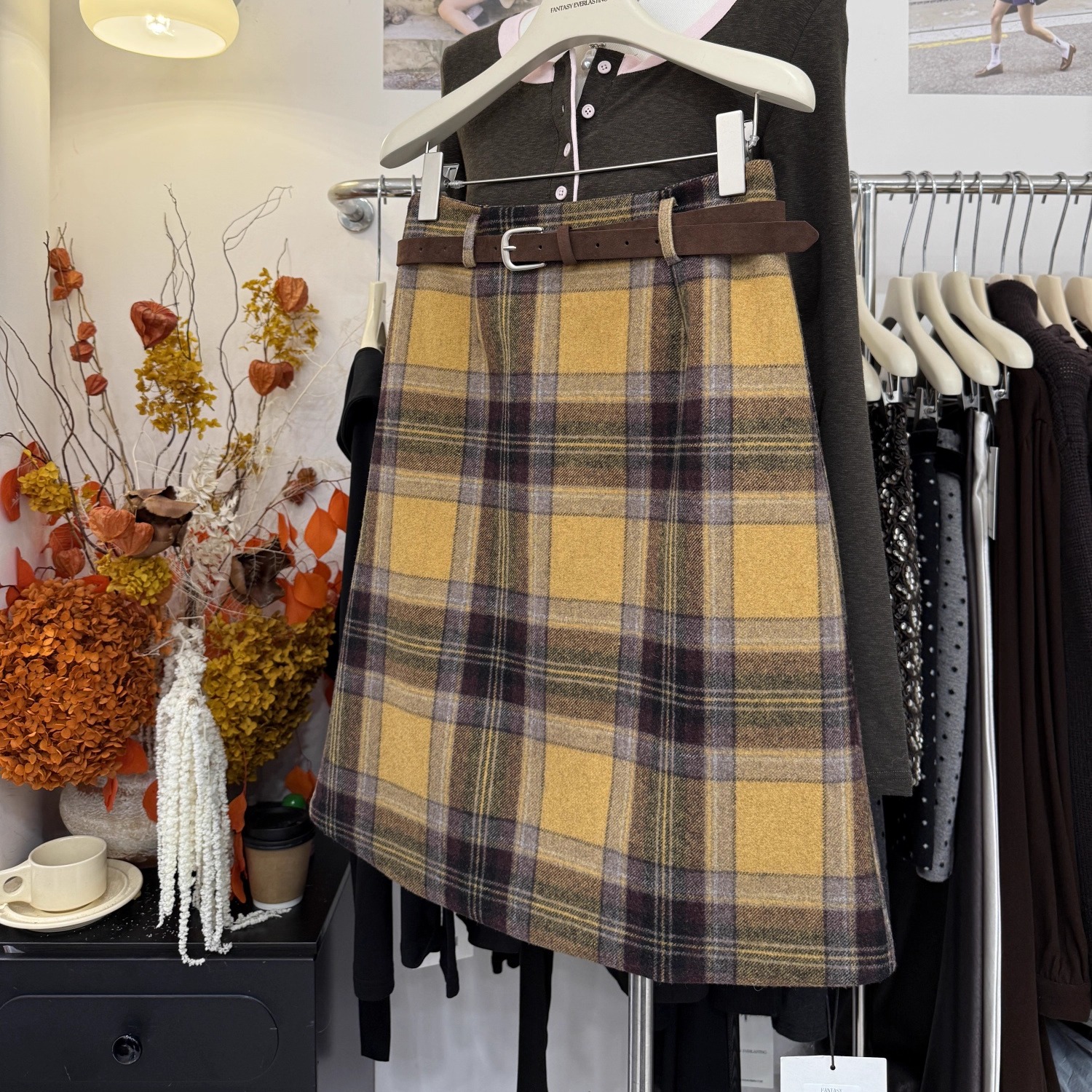 格纹毛呢半身裙高腰A字裙配腰带