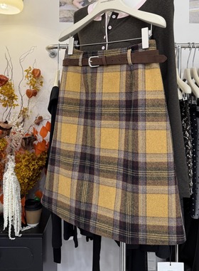 复古时髦撞色格纹毛呢半身裙25年秋冬新款显瘦高腰A字裙配腰带女