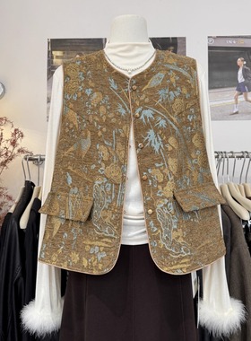 新国风复古雅韵提花马甲女2025秋季新款气质圆领开衫背心马夹外套