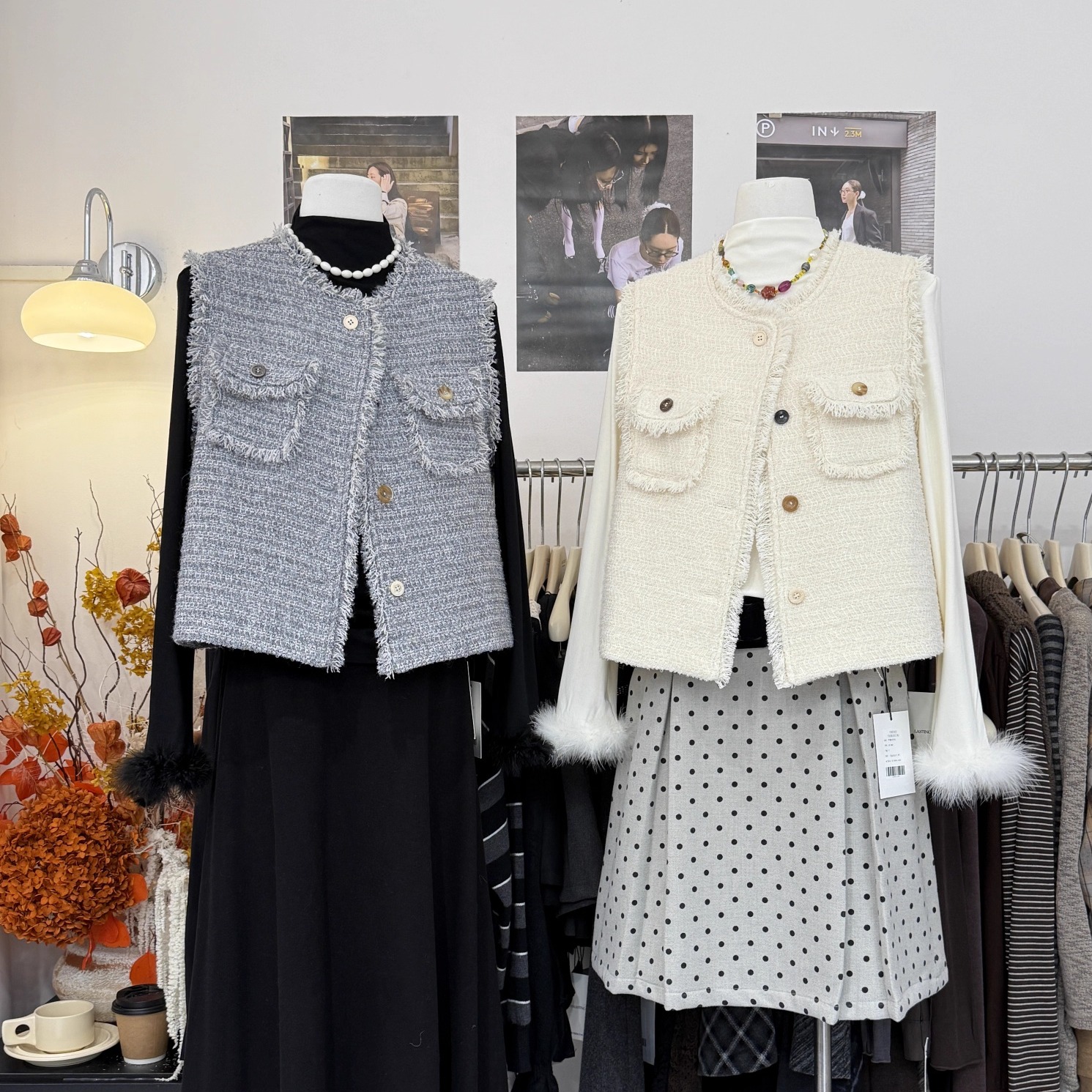 韩系拼接羊毛须边小香风开衫马甲