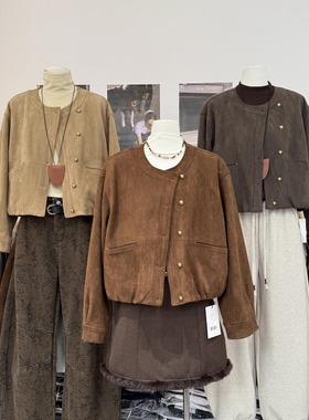 复古美拉德斜排扣圆领鹿皮绒夹棉短外套女秋冬季时尚宽松夹克上衣