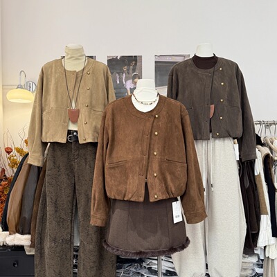 复古美拉德圆领鹿皮绒夹棉短外套