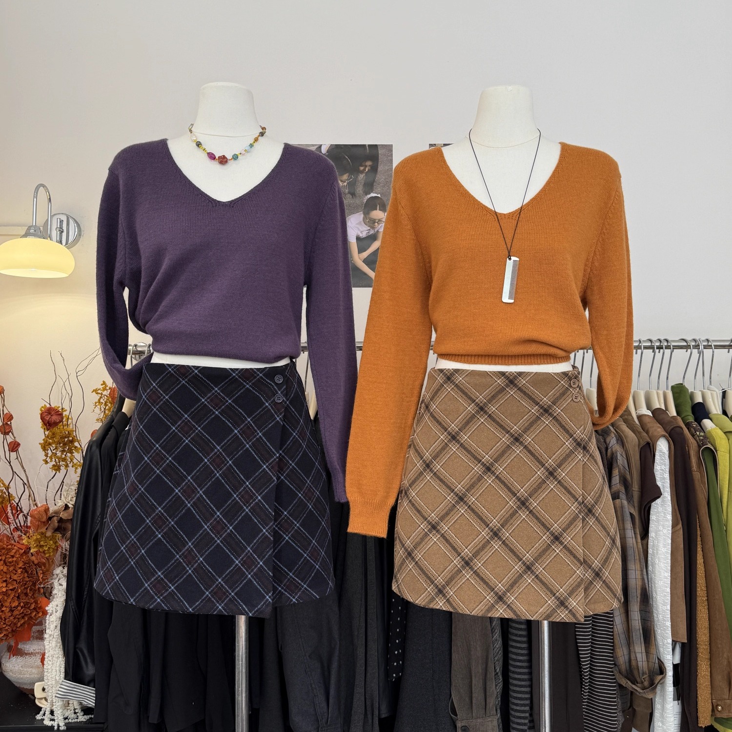 复古学院风撞色格纹半身裙女25秋冬新款高腰显瘦A字毛呢包臀短裙