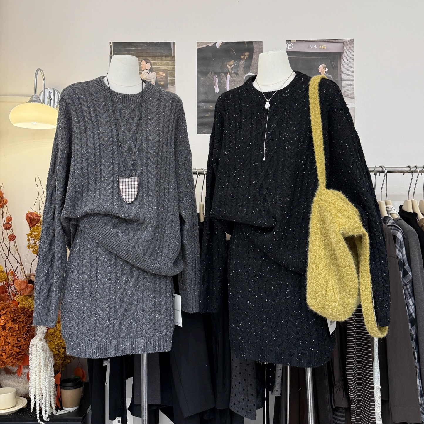 圆领麻花亮丝针织衫+高腰半身裙