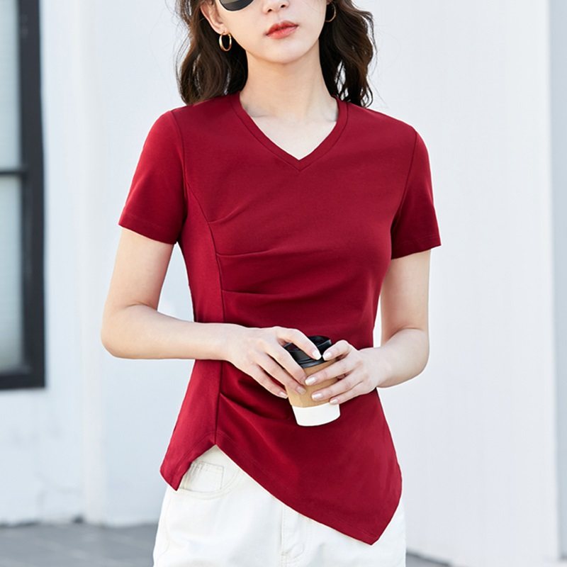 纯棉V领短袖t恤女夏装2025新款不规则修身显瘦设计感褶皱百搭上衣