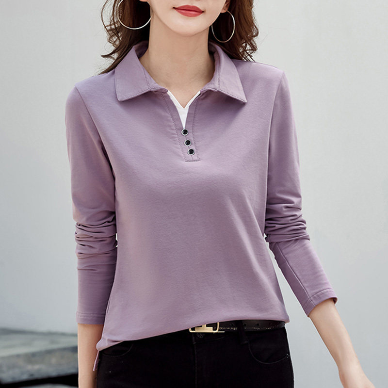 polo衫纯棉长袖t恤女宽松内搭2025春秋新款打底衫外穿翻领上衣服