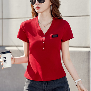 夏季V领正肩短袖t恤女2025新款设计感小众修身显瘦体恤洋气上衣潮